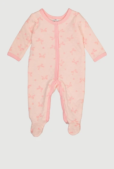 Baby Girls 0-9M Bow Patterned Quilted Footed Jumpsuit, Pink, Size 6-9M