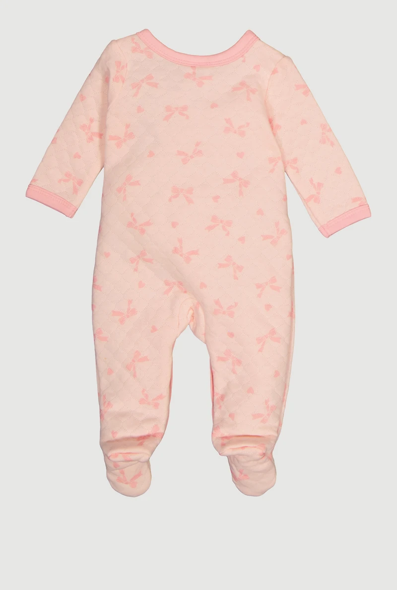 Baby Girls 0-9M Bow Patterned Quilted Footed Jumpsuit