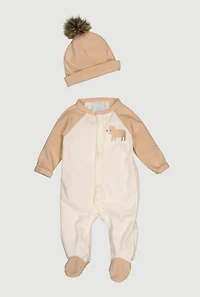 Baby Boys 0-9M Bear Graphic Footed Jumpsuit and Beanie, Beige, Size 6-9M