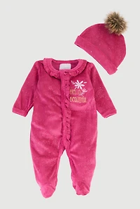 Baby Girls 0-9M Glitter Velour Footed Jumpsuit with Beanie