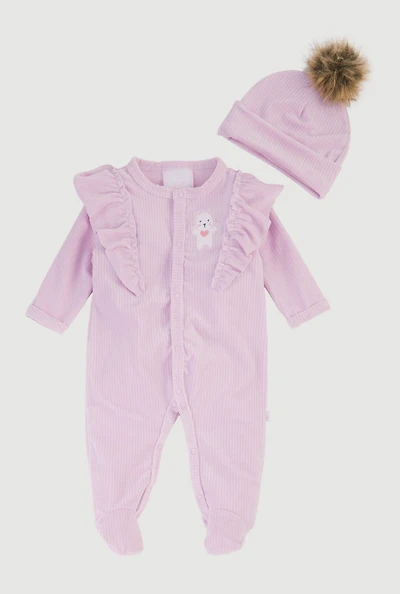 Baby Girls 0-9M Rib Knit Graphic Footed Jumpsuit with Beanie