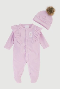 Baby Girls 0-9M Rib Knit Graphic Footed Jumpsuit with Beanie