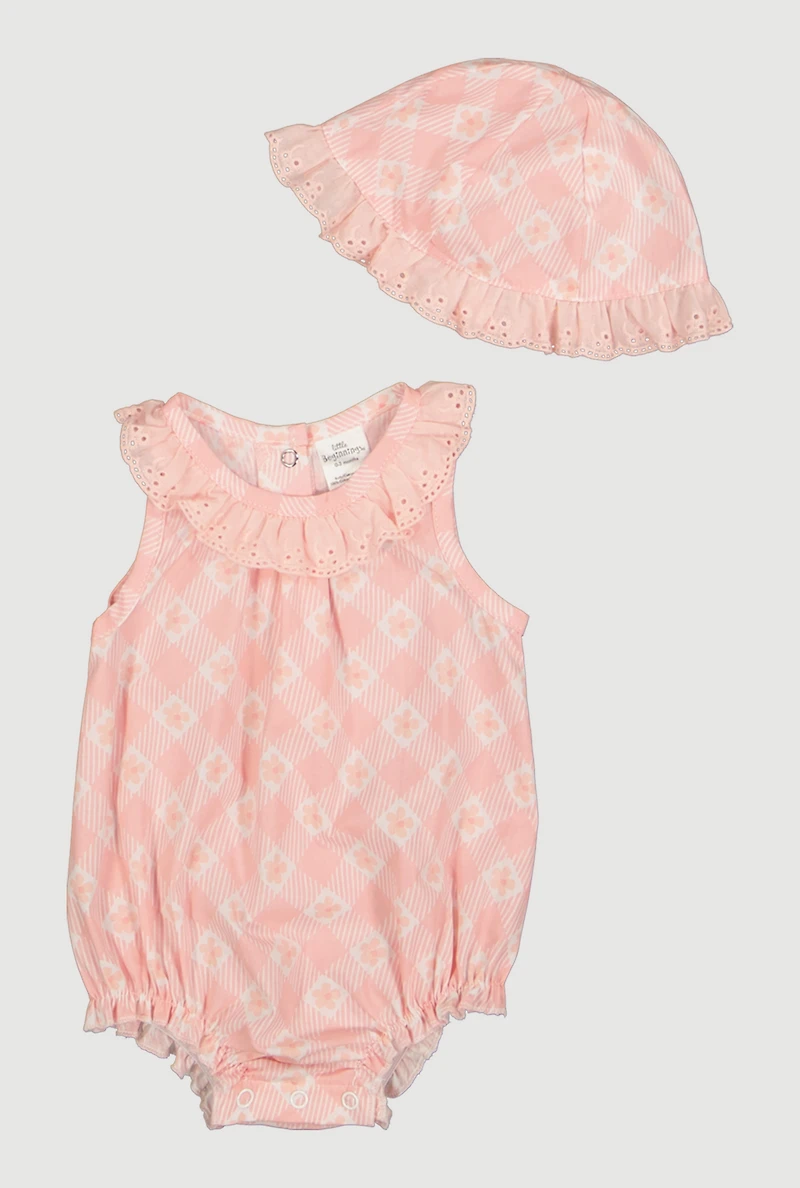 Baby Girls 0-9M Plaid Flower Print Romper with Hat