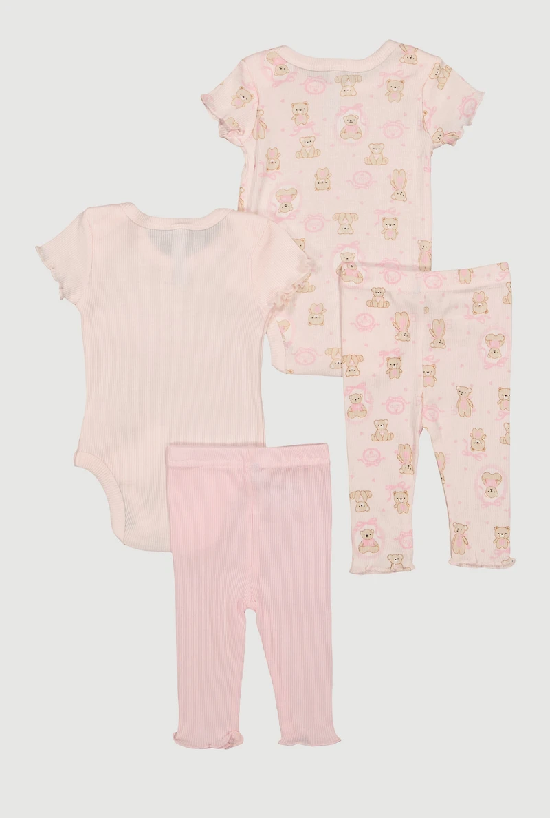 Baby Girls 0-9M Lettuce Edge Bear Graphic Bodysuits and Pants Set