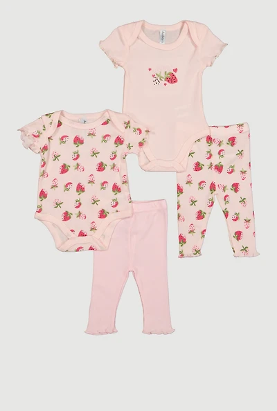 Baby Girls 0-9M Strawberry Print Bodysuits and Pants 4 Piece Set