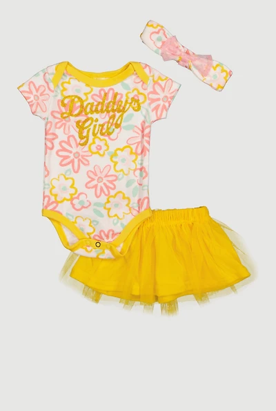 Baby Girls 0-9M Glittery Daddys Girl Floral Bodysuit and Skirt with Headband