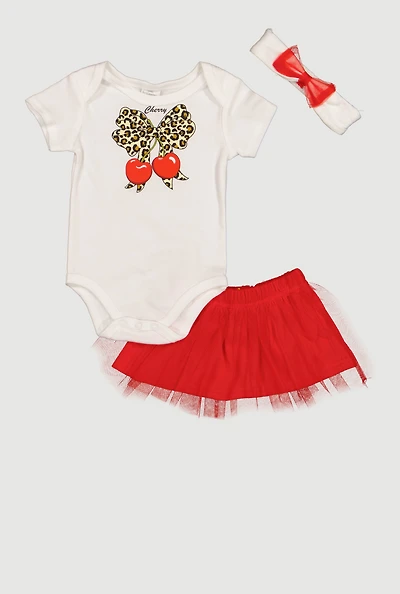 Baby Girls 0-9M Cherry Graphic Bodysuit and Skirt with Headband