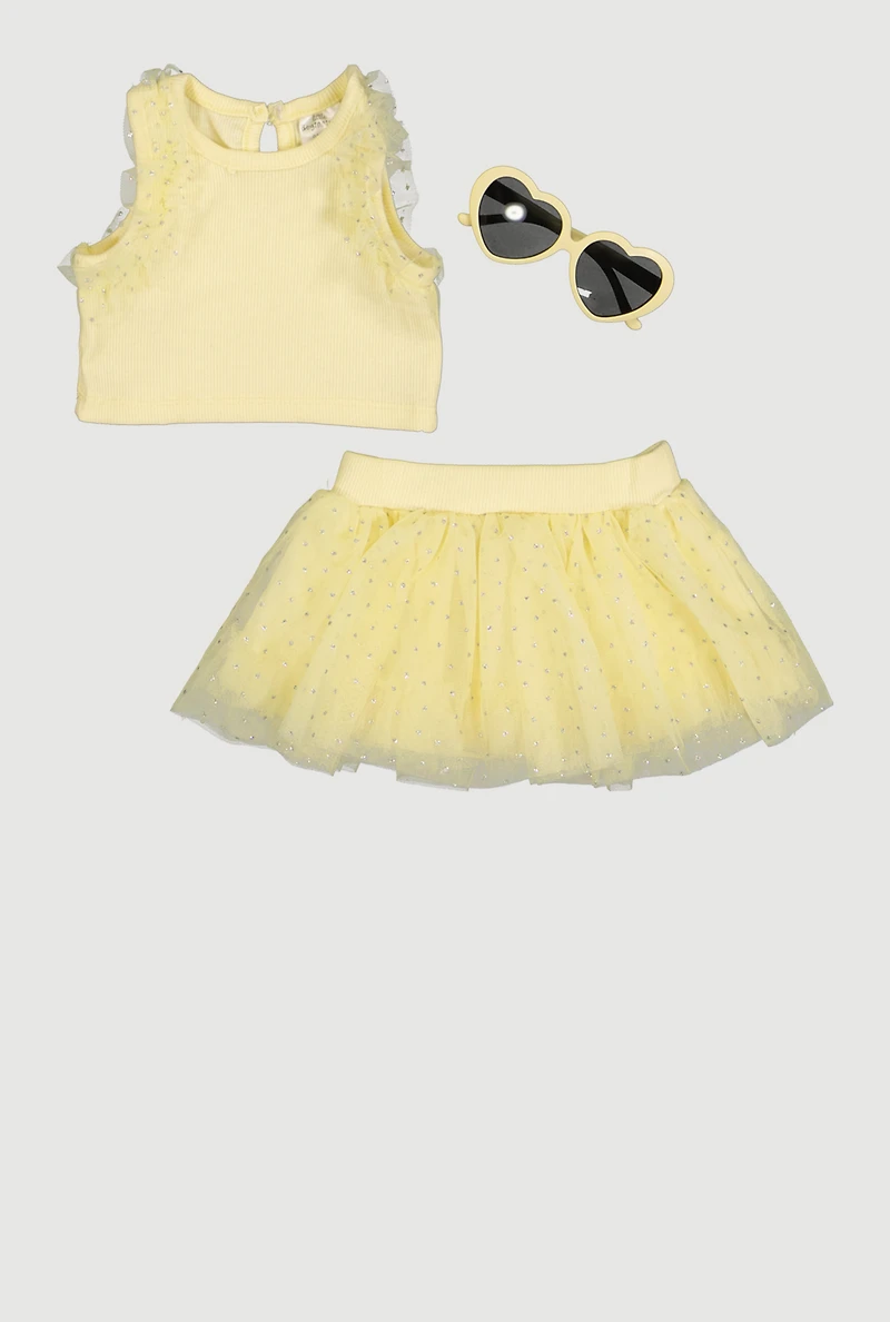 Baby Girls 0-9M Glitter Ruffle Trim Tank Top and Tutu with Sunglasses