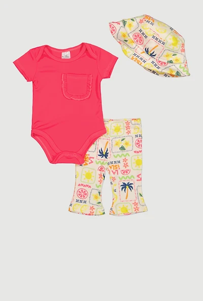 Baby Girls 0-9M Solid Bodysuit with La Isla Print Pants and Bucket Hat