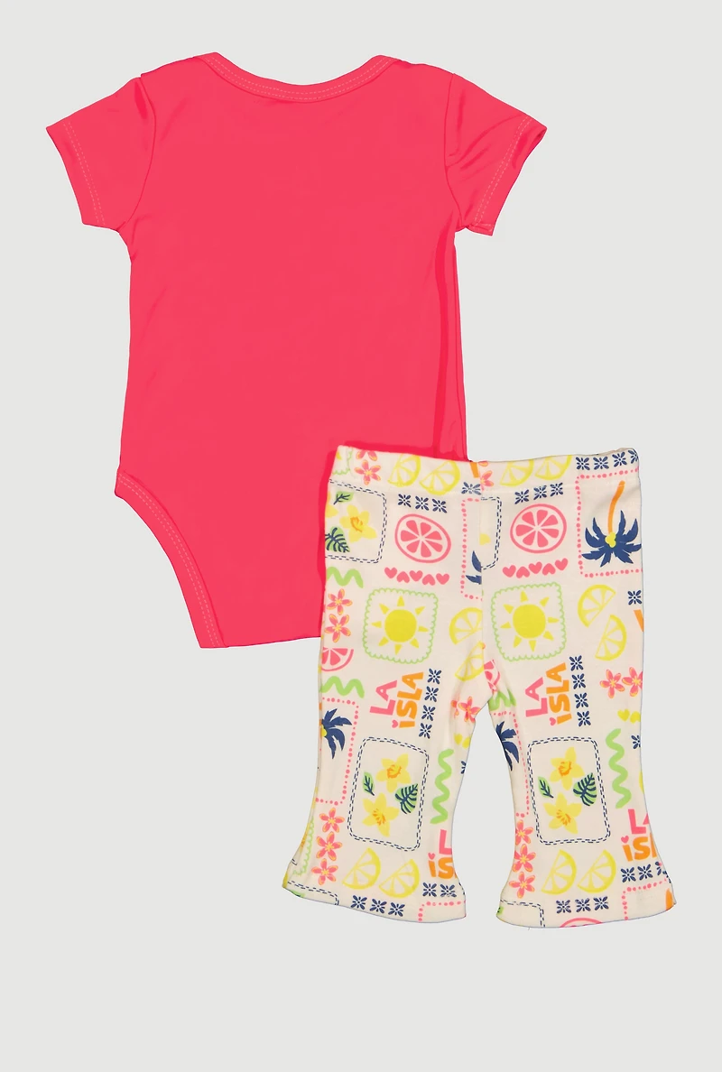 Baby Girls 0-9M Solid Bodysuit with La Isla Print Pants and Bucket Hat