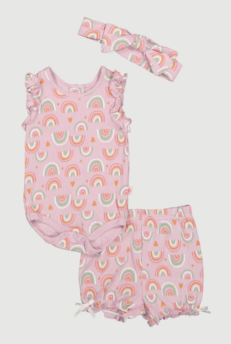 Baby Girls 0-9M Rainbow Graphic Bodysuit and Bubble Shorts with Headband