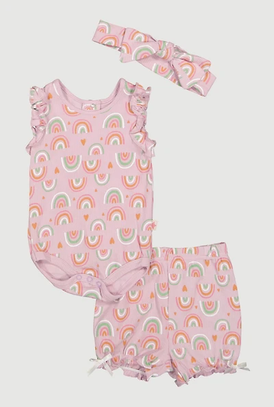 Baby Girls 0-9M Rainbow Graphic Bodysuit and Bubble Shorts with Headband