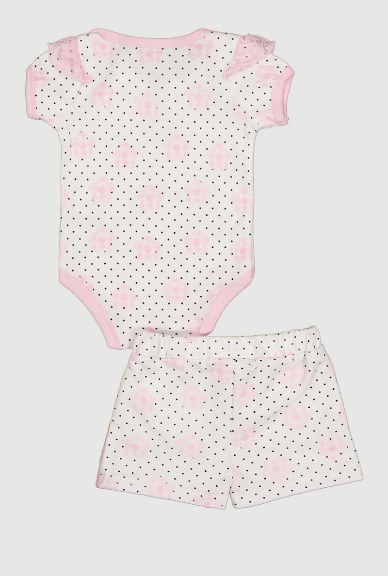 Baby Girls 0-9M Polka Dot Flower Graphic Bodysuit and Shorts Set