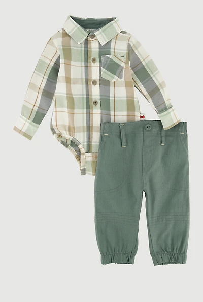 Baby Boys 0-9M Plaid Button Front Bodysuit and Pants Set, Green, Size 0-3M