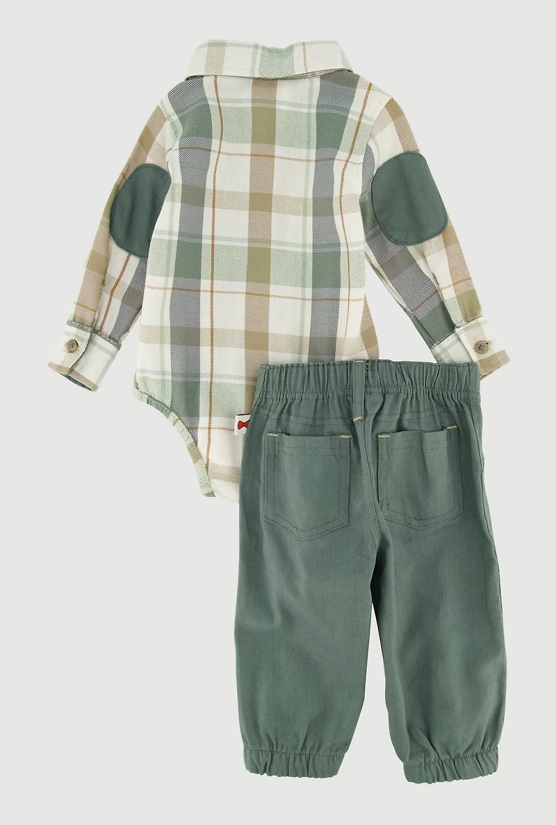 Baby Boys 0-9M Plaid Button Front Bodysuit and Pants Set, Green, Size 0-3M