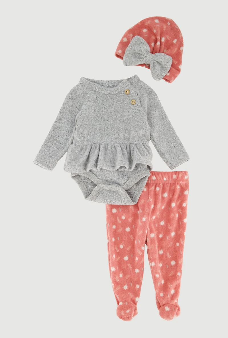 Baby Girls 0-9M Peplum Bodysuit and Footed Pants with Hat, Pink, Size 0-3M