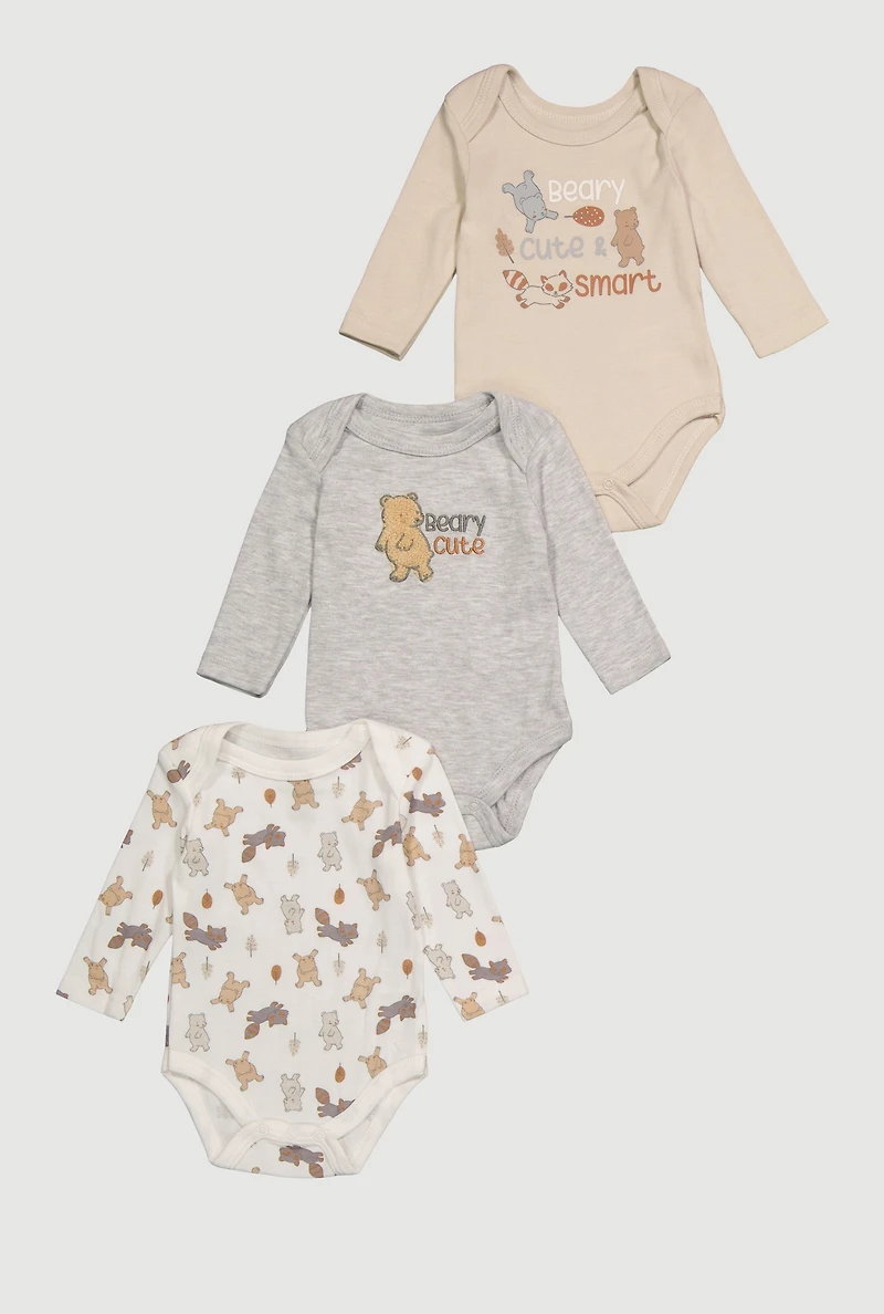 Baby Boys 0-9M Chenille Beary Cute Graphic Bodysuits 3 Pack, Multi, Size 0-3M
