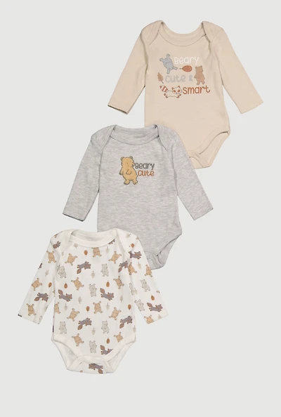 Baby Boys 0-9M Chenille Beary Cute Graphic Bodysuits 3 Pack, Beige, Size 3-6M