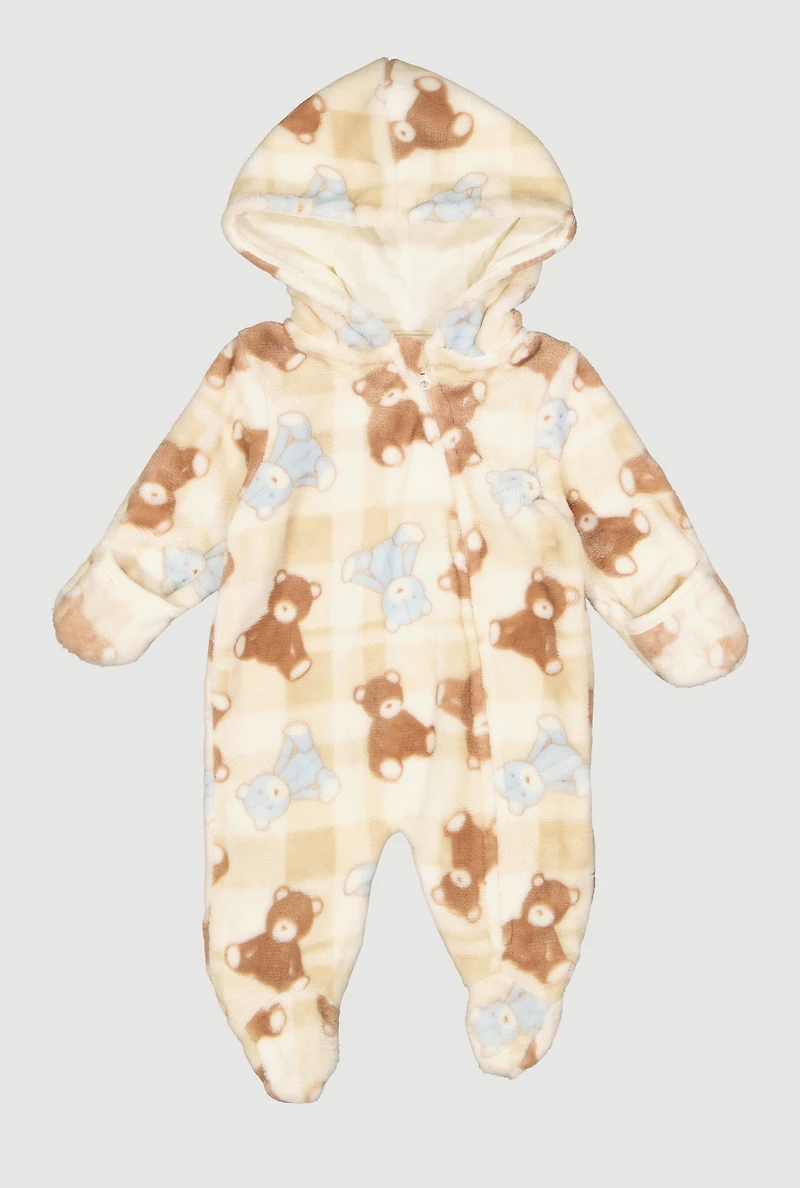 Baby Boys 0-9M Teddy Bear Print Hooded Footed Jumpsuit
