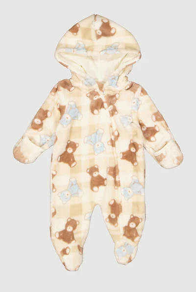 Baby Boys 0-9M Teddy Bear Print Hooded Footed Jumpsuit
