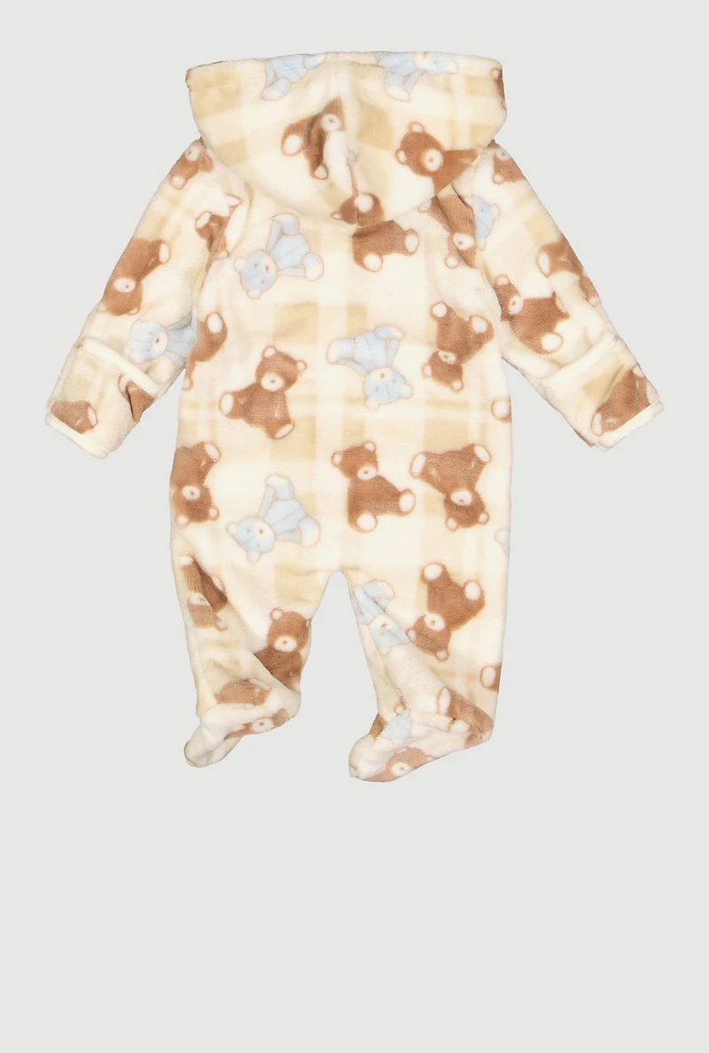 Baby Boys 0-9M Teddy Bear Print Hooded Footed Jumpsuit