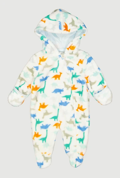 Baby Boys 0-9M Dinosaur Print Hooded Footed Jumpsuit, White, Size 6-9M