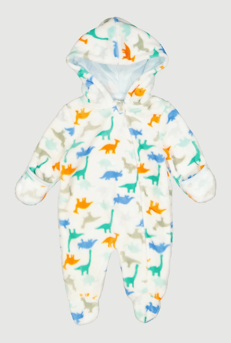 Baby Boys 0-9M Dinosaur Print Hooded Footed Jumpsuit, White, Size 0-3M