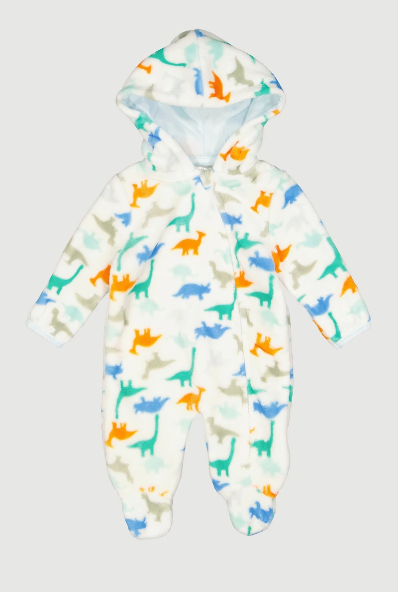Baby Boys 0-9M Dinosaur Print Hooded Footed Jumpsuit, White, Size 0-3M