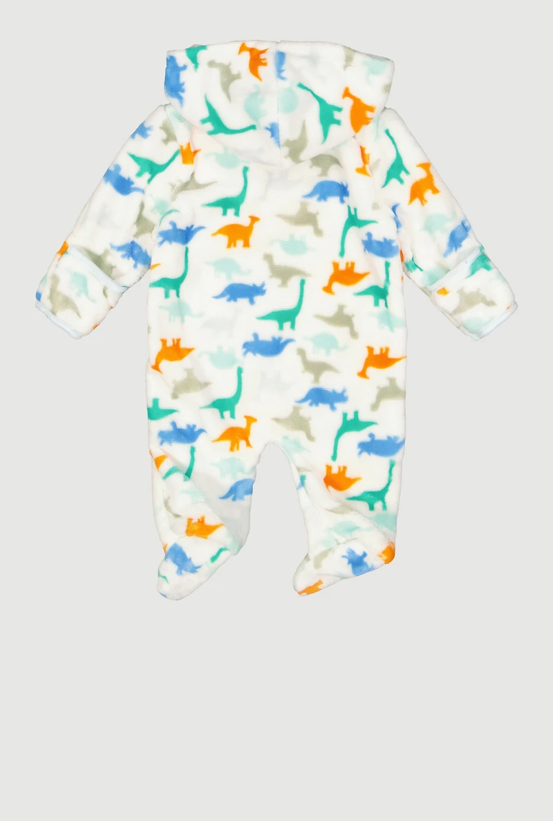 Baby Boys 0-9M Dinosaur Print Hooded Footed Jumpsuit, White, Size 0-3M