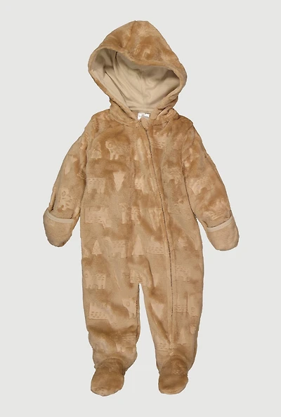 Baby Boys 0-9M Patterned Plush Hooded Footed Jumpsuit, Brown, Size 0-3M