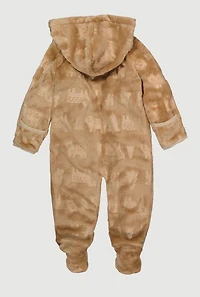 Baby Boys 0-9M Patterned Plush Hooded Footed Jumpsuit
