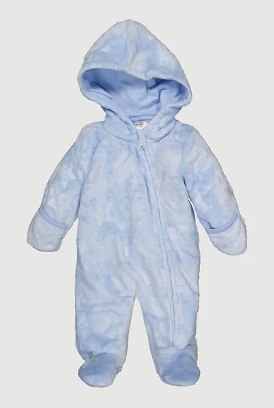 Baby Boys 0-9M Hooded Patterned Plush Footed Jumpsuit