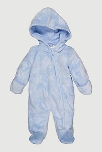 Baby Boys 0-9M Hooded Patterned Plush Footed Jumpsuit
