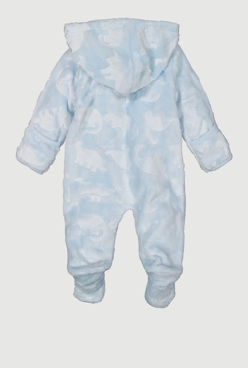 Baby Boys 0-9M Zip Front Dino Patterned Plush Footed Jumpsuit