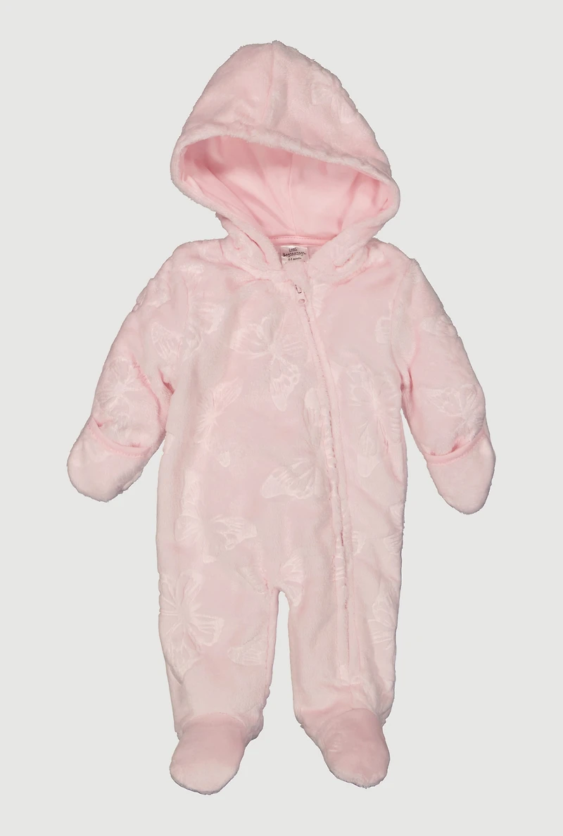 Baby Girls 0-9M Butterfly Patterned Hooded Plush Footed Jumpsuit, Pink, Size 3-6M