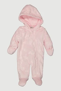 Baby Girls 0-9M Butterfly Patterned Hooded Plush Footed Jumpsuit