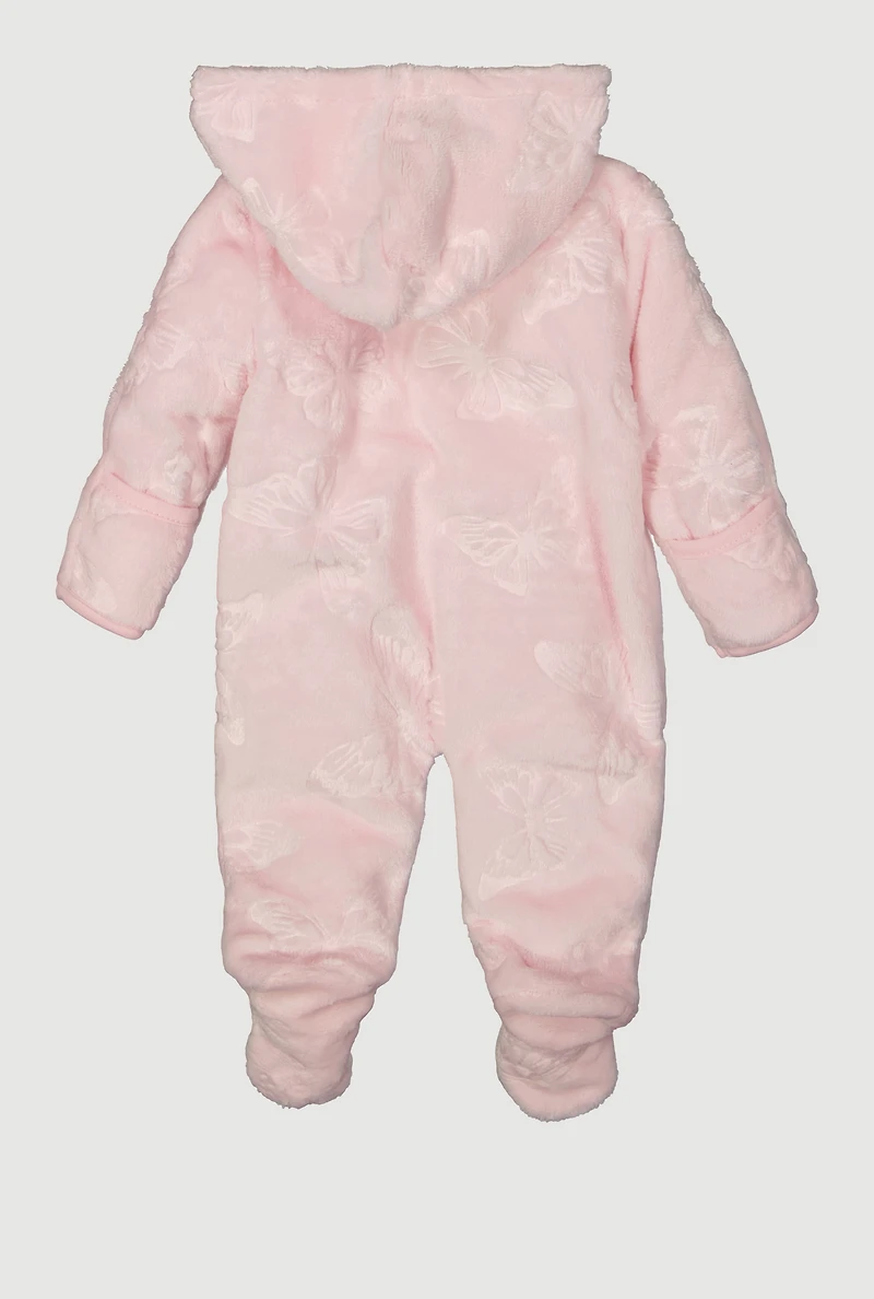 Baby Girls 0-9M Butterfly Patterned Hooded Plush Footed Jumpsuit, Pink, Size 0-3M