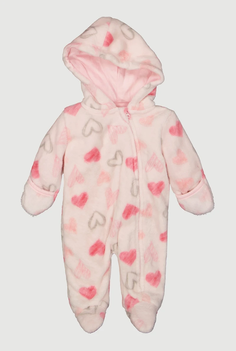 Baby Girls 0-9M Assorted Heart Print Plush Footed Jumpsuit