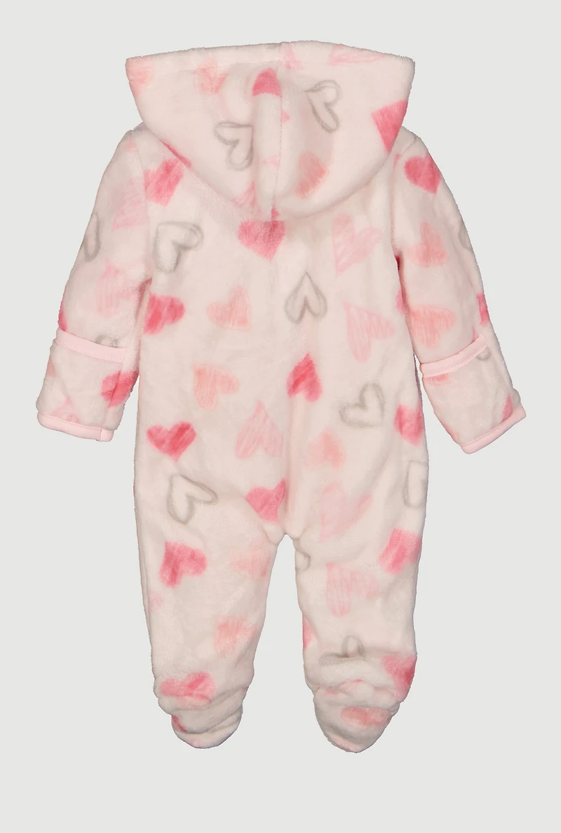 Baby Girls 0-9M Assorted Heart Print Plush Footed Jumpsuit