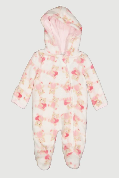 Baby Girls 0-9M Teddy Bear Print Plush Footed Jumpsuit