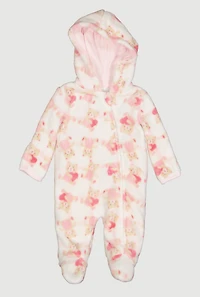 Baby Girls 0-9M Teddy Bear Print Plush Footed Jumpsuit