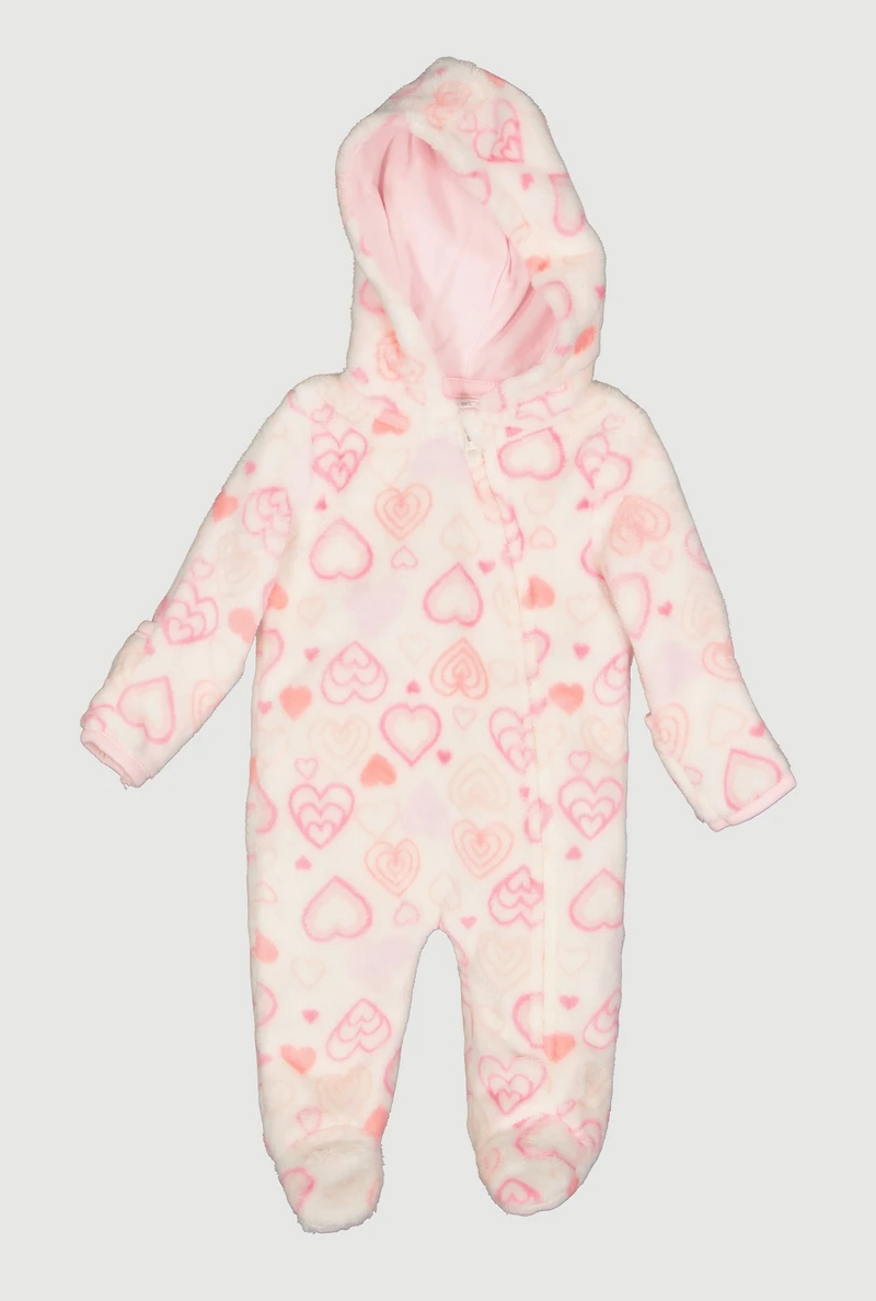 Baby Girls 0-9M Heart Print Plush Footed Jumpsuit, Pink,