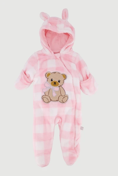 Baby Girls 0-9M Gingham Plaid Bear Patch Graphic Footed Jumpsuit