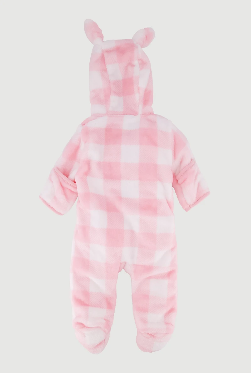 Baby Girls 0-9M Gingham Plaid Bear Patch Graphic Footed Jumpsuit, Pink, Size 0-3M