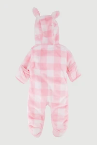 Baby Girls 0-9M Gingham Plaid Bear Patch Graphic Footed Jumpsuit, Pink, Size 0-3M