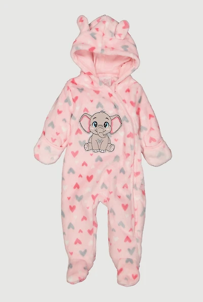 Baby Girls 0-9M Elephant Embroidered Plush Footed Jumpsuit, Pink, Size 3-6M