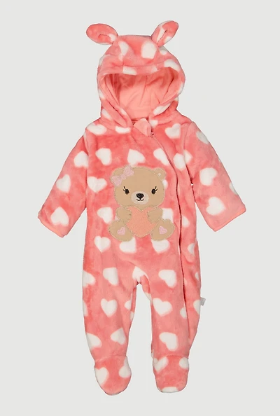 Baby Girls 0-9M Gingham Plaid Bear Patch Graphic Footed Jumpsuit