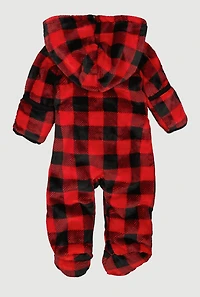 Baby Boys 0-9M Hooded Buffalo Plaid Bear Patch Graphic Footed Jumpsuit