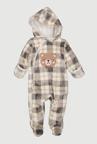 Baby Boys 0-9M Plaid Bear Patch Graphic Footed Jumpsuit