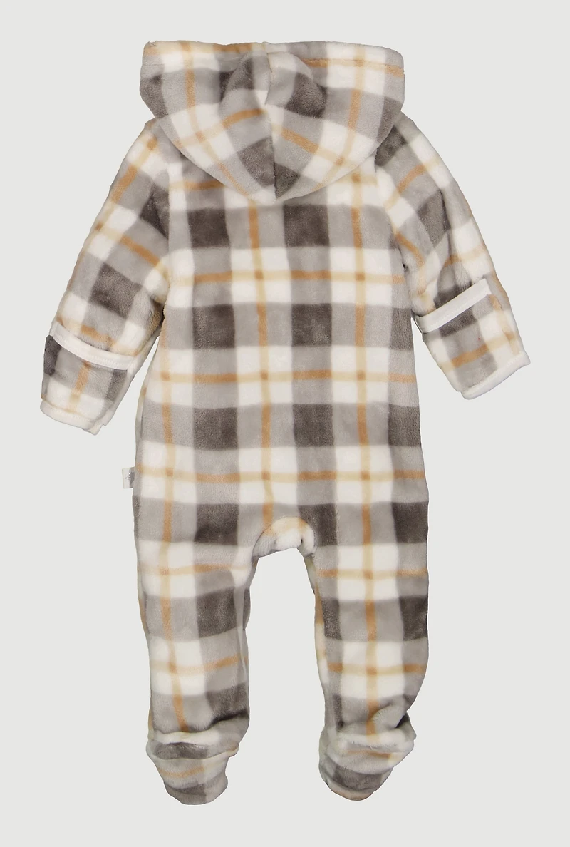 Baby Boys 0-9M Plaid Bear Patch Graphic Footed Jumpsuit